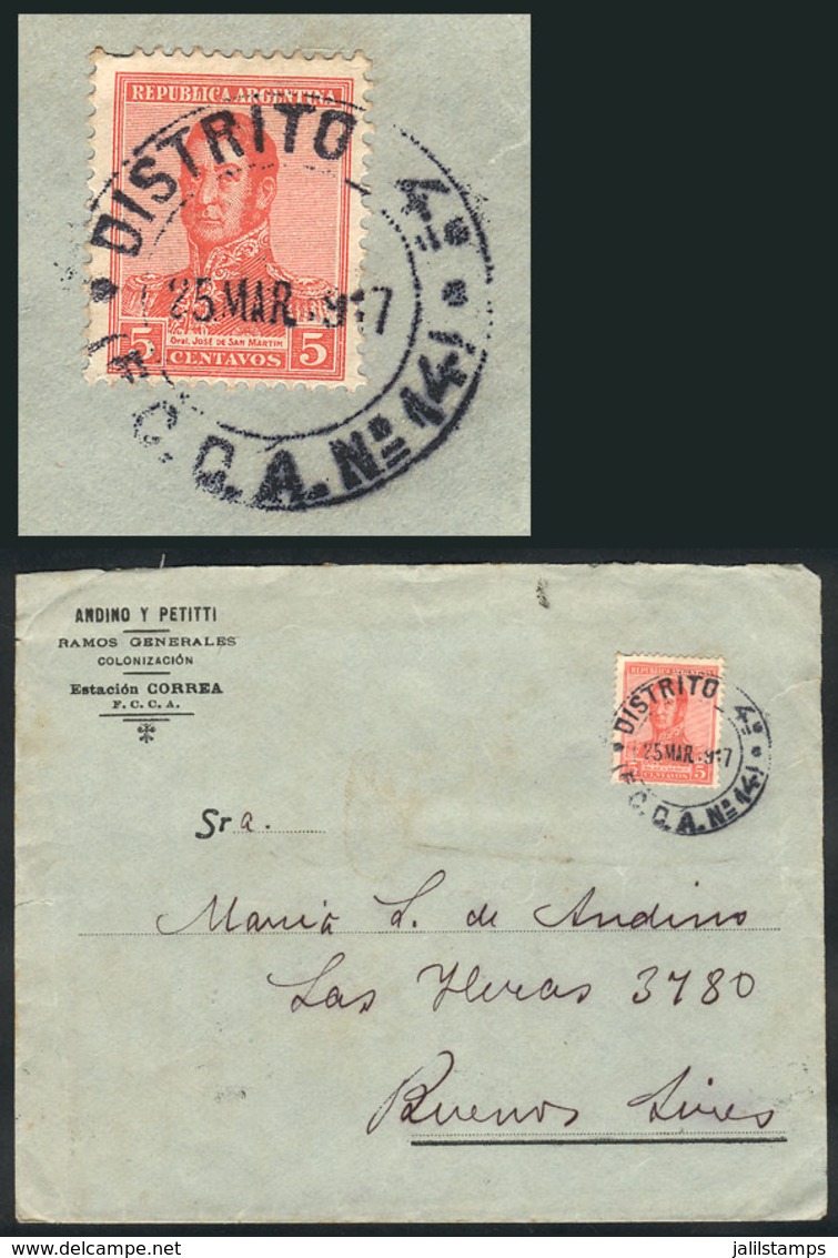 ARGENTINA: 25/MAR/1917 ESTACIÓN CORREA - Buenos Aires: Cover Franked With  5c. San Martín Cancelled "DISTRITO 4º - (F.C. - Vorphilatelie