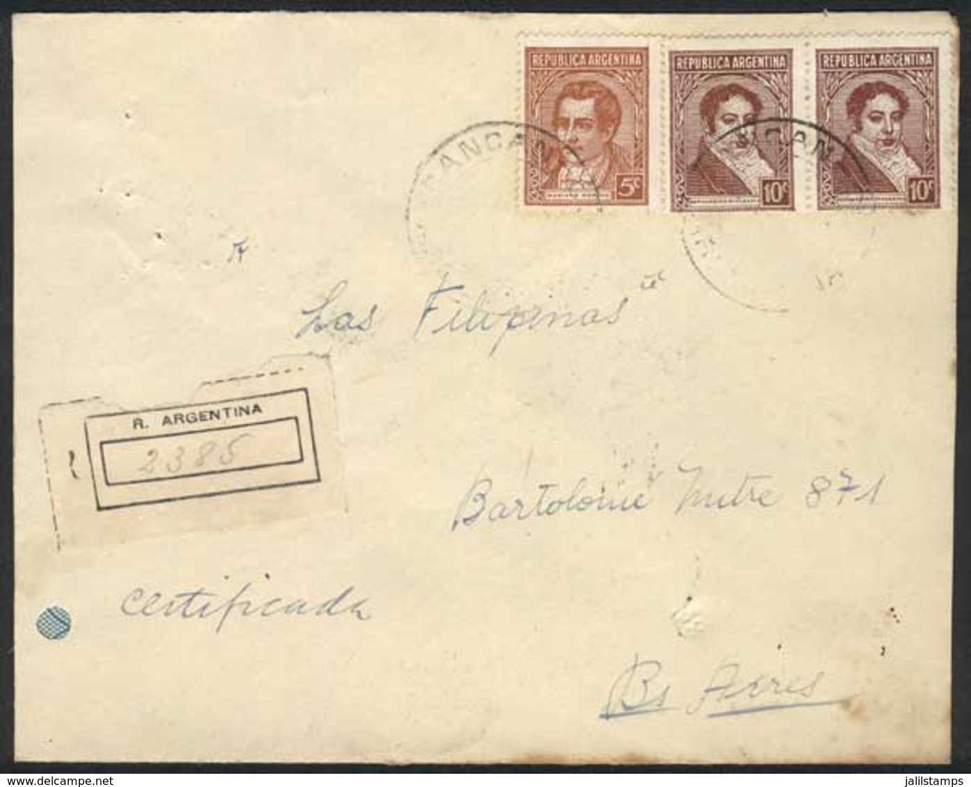 ARGENTINA: Registered Cover Franked With 25c., Sent To Buenos Aires On 11/JUN/1939, With Rare Cancel Of GANGAN (Chubut), - Préphilatélie