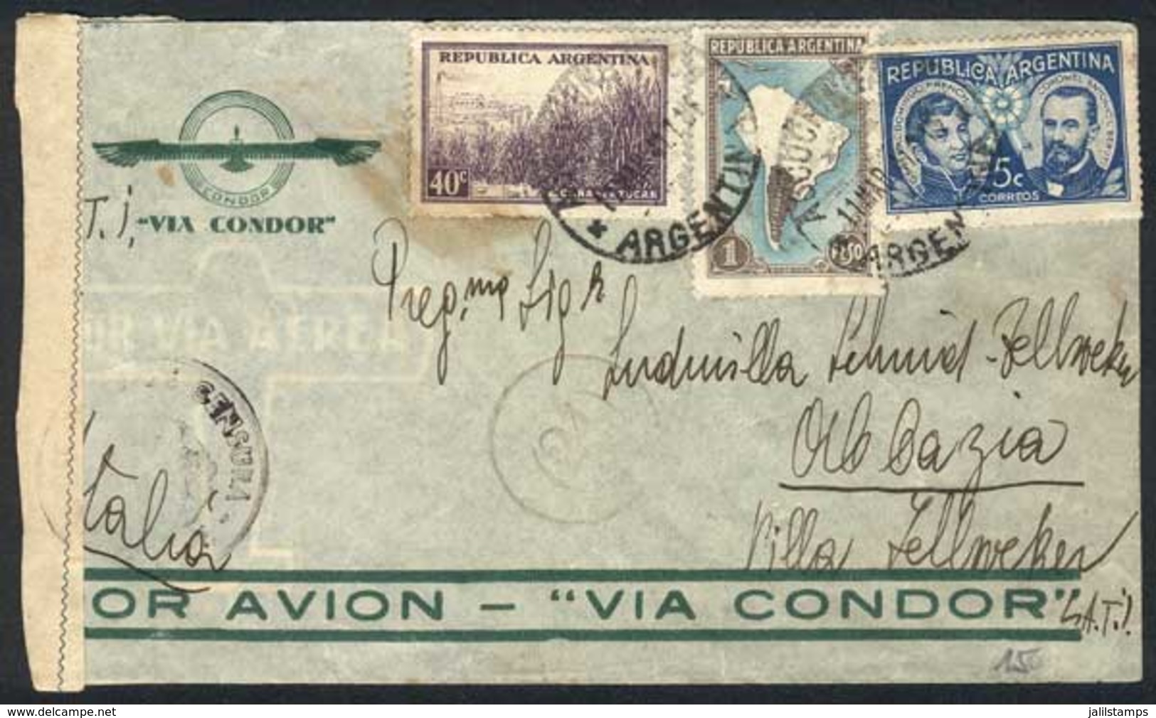 ARGENTINA: 11/MAR/1941 ASCOCHINGA (Córdoba) - ITALY: Airmail Cover Franked With $1.45, Sent To Abbazia By LATI, With Cen - Briefe U. Dokumente