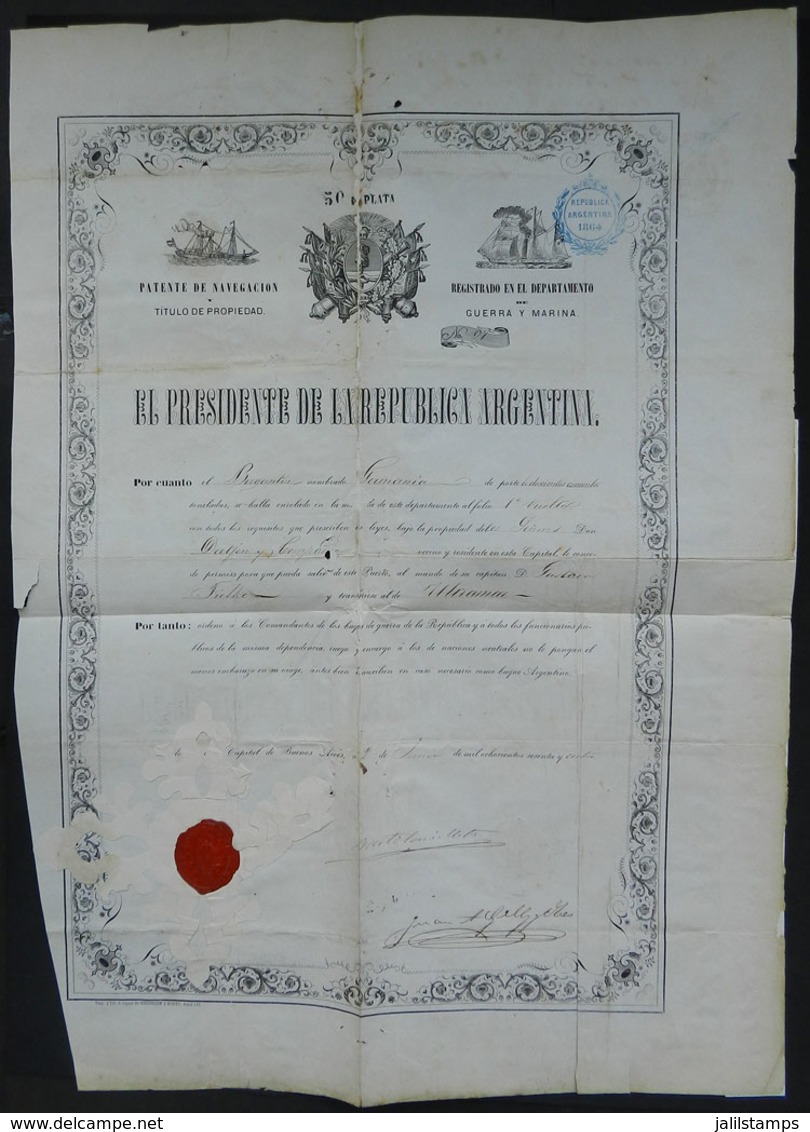 ARGENTINA: Beatiful SHIP'S REGISTRATION CERTIFICATE Of 50 Pesos Plata, Of The Brig "Germania", Dated 2/JUN/1864 And Sign - Sonstige & Ohne Zuordnung