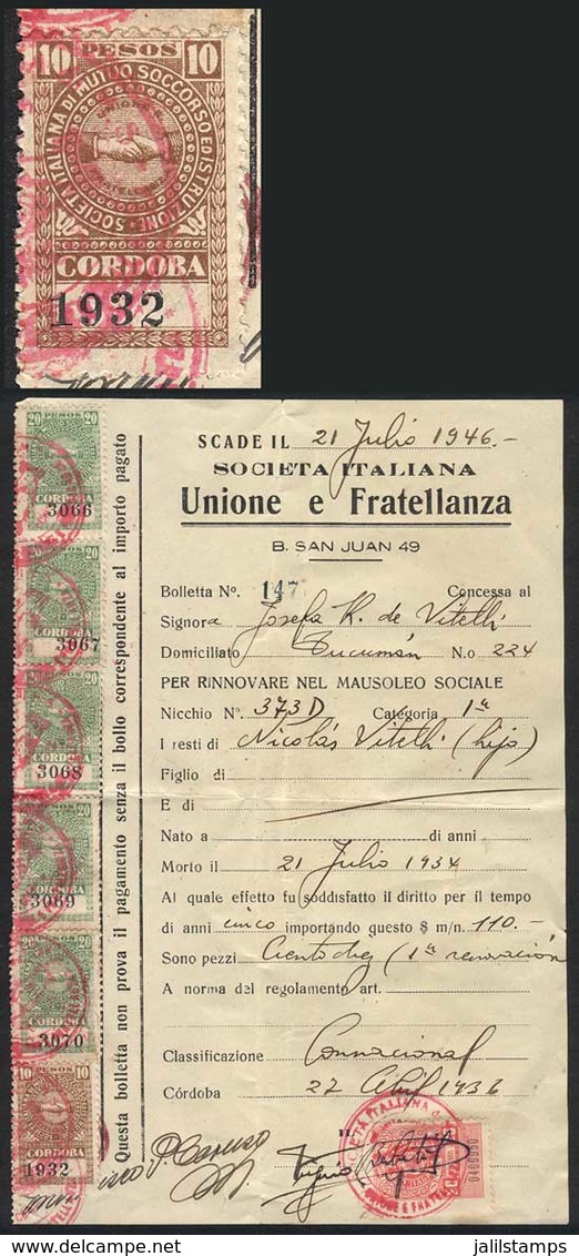 ARGENTINA: CÓRDOBA: Receipt Of The Italian Association "Unione E Fratellanza" Of 1936 With 7 Private Stamps For A Total  - Other & Unclassified