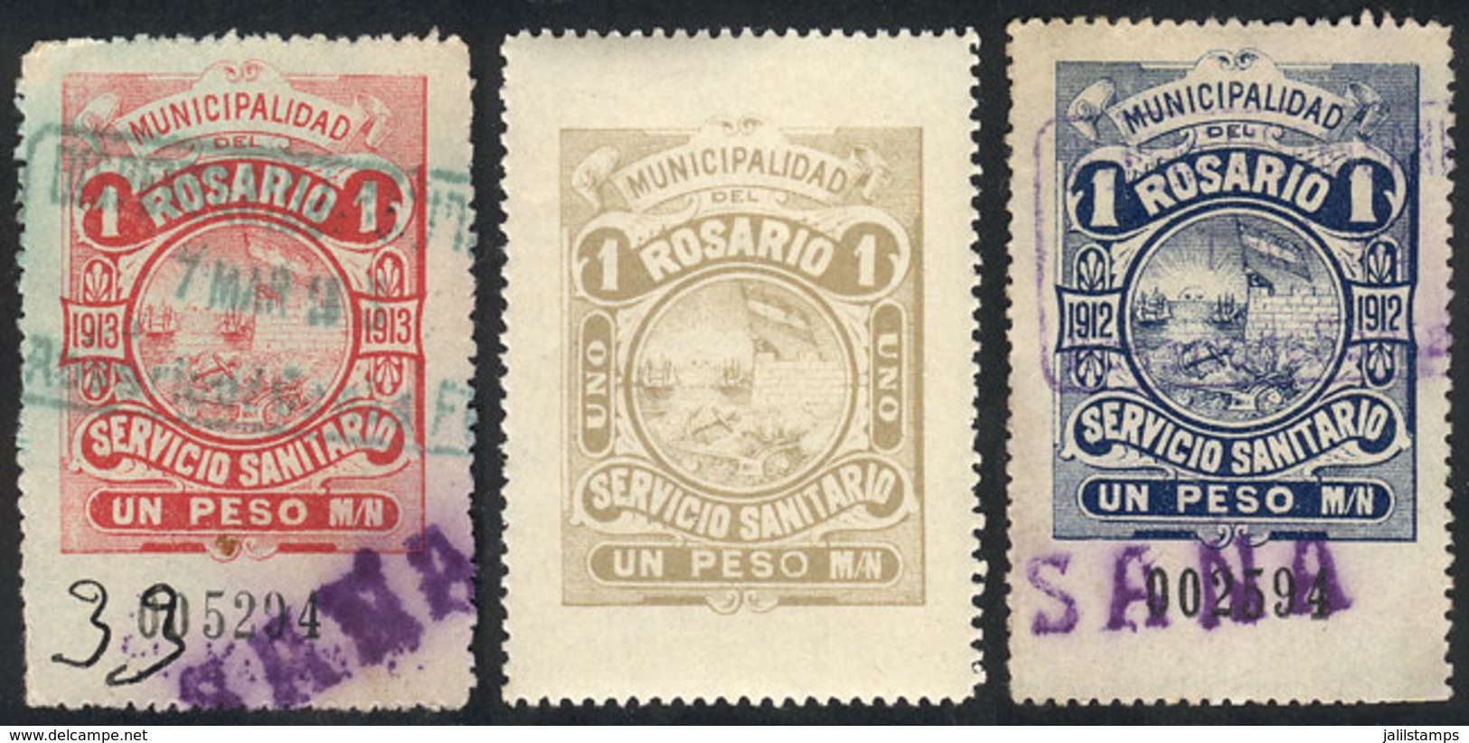 ARGENTINA: Rosario (Santa Fe): 3 Old Revenue Stamps Of Servicio Sanitario (PROSTITUTION), Very Fine Quality! - Other & Unclassified