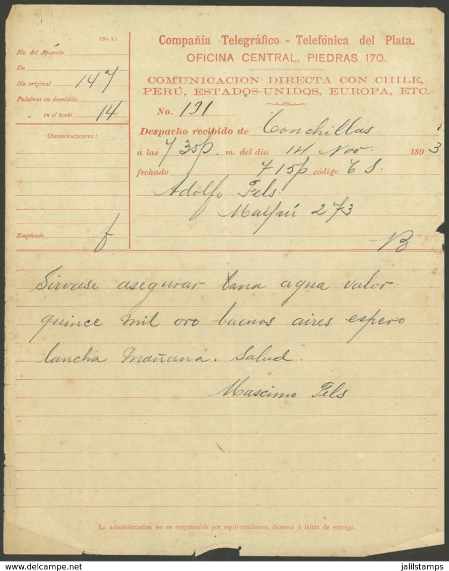 ARGENTINA: Telegram Of Compañía Telegráfico-Telefónica Del Río De La Plata, Year 1893, Rare! - Sonstige & Ohne Zuordnung