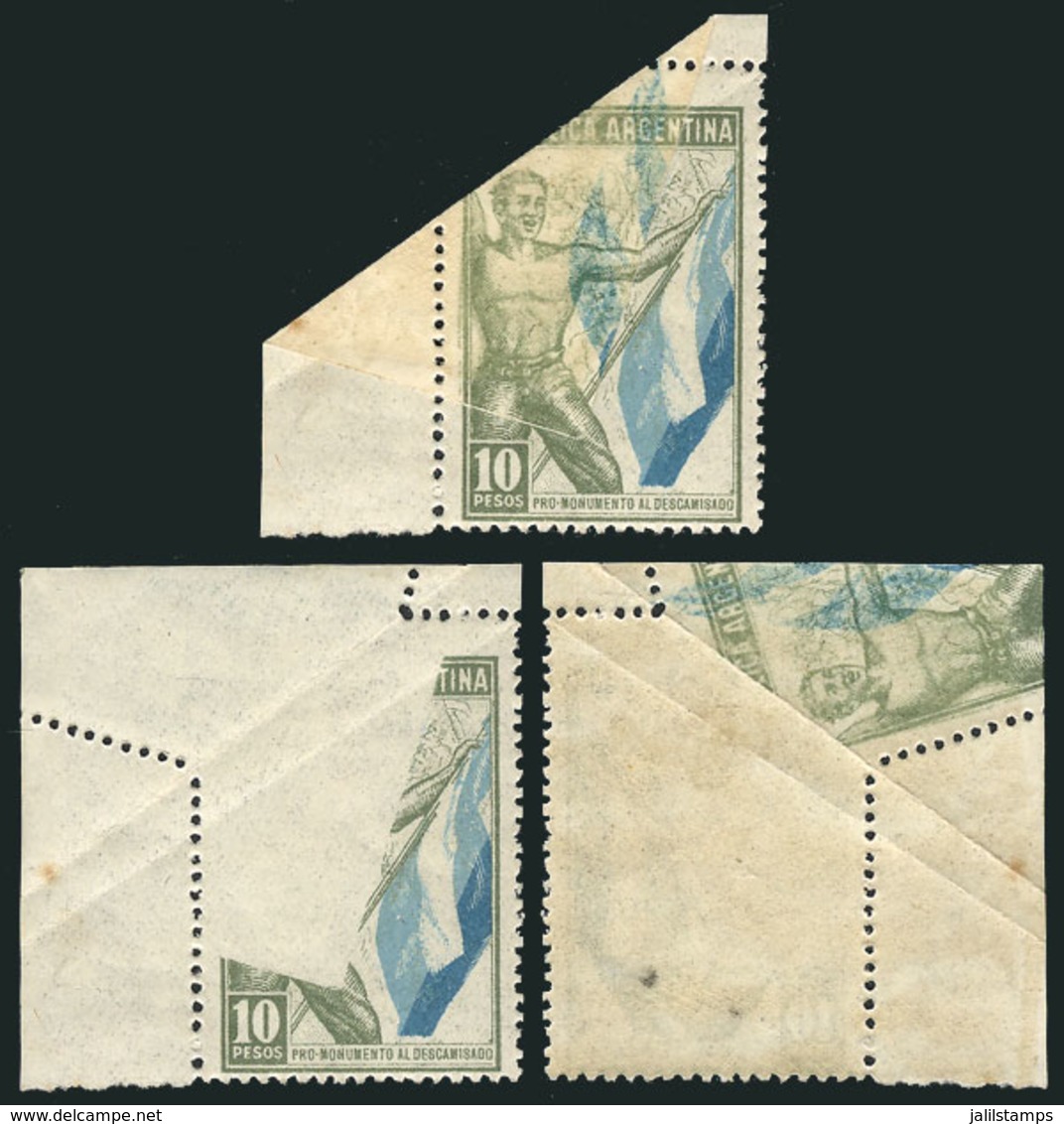 ARGENTINA: Monument To The Descamisado (Peronist Party), Cinderella Of 10P., Sheet Corner, With Notable VARIETY: Large A - Autres & Non Classés