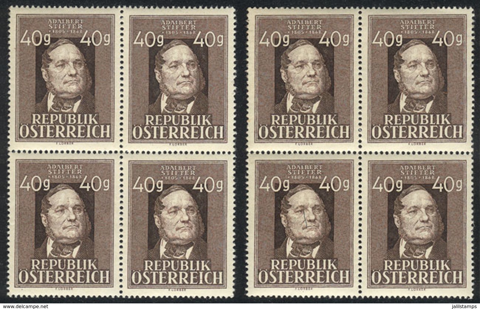 AUSTRIA: Sc.517, 1949 40g. Adalbert Stifter, Writer, 2 Blocks Of 4, Unmounted, VF Quality, Catalog Value US$70. - Sonstige & Ohne Zuordnung