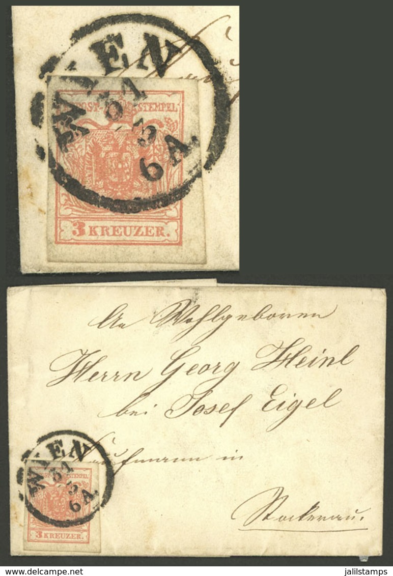 AUSTRIA: Sc.3e, 1854 3Kr. Red, Franking A Folded Cover, VF Quality! - Other & Unclassified