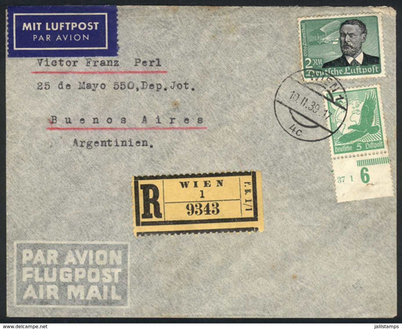 AUSTRIA: Registered Cover Sent From Wien To Buenos Aires On 10/NO/1939 Franked With 2.05Mk. In German Stamps, VF Quality - Storia Postale