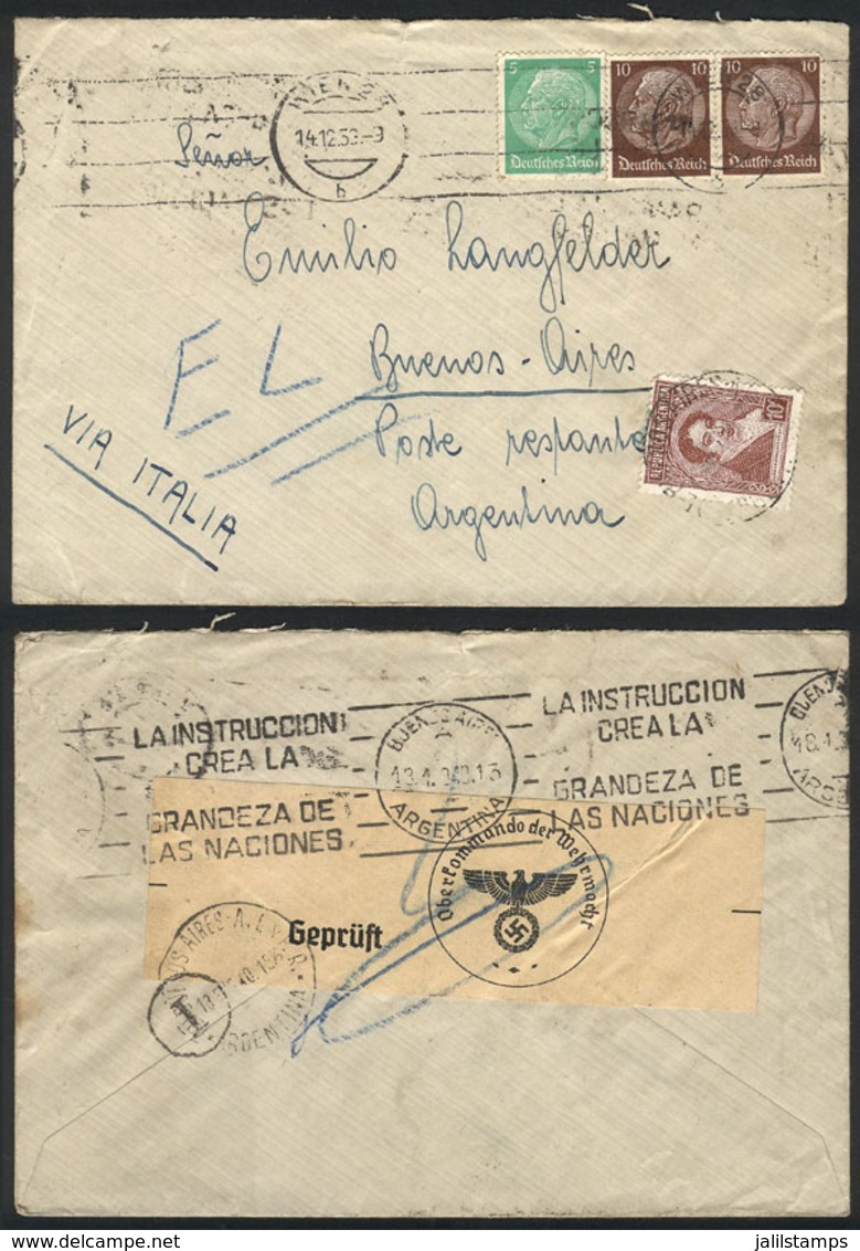 AUSTRIA: Cover Sent From Wien To Buenos Aires On 14/DE/1939, Franked With German Stamps For 25Pf., Nazi Censor Label On  - Covers & Documents