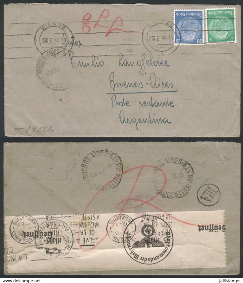 AUSTRIA: Cover Sent From Wien To Buenos Aires On 3/JUN/1940, Franked With German Stamps For 25Pf. And Nazi Censor Label  - Covers & Documents