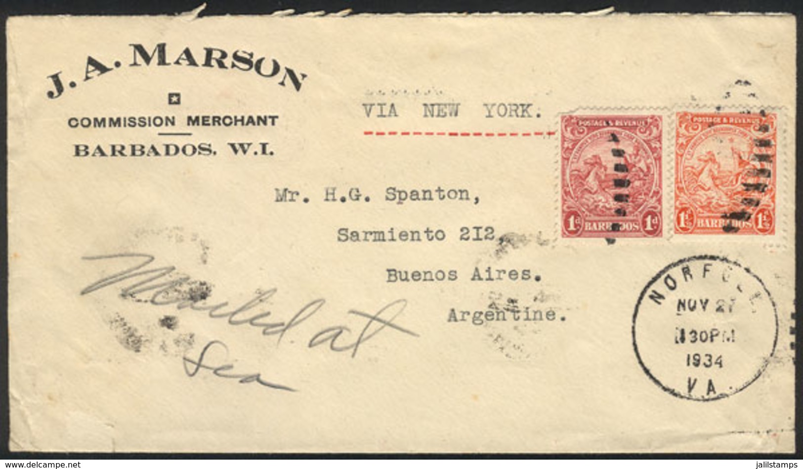 BARBADOS: Cover Sent From NORFOLK To Buenos Aires On 27/NO/1934 Franked With 2½p., VF Quality, Unusual Destination! - Barbados (1966-...)