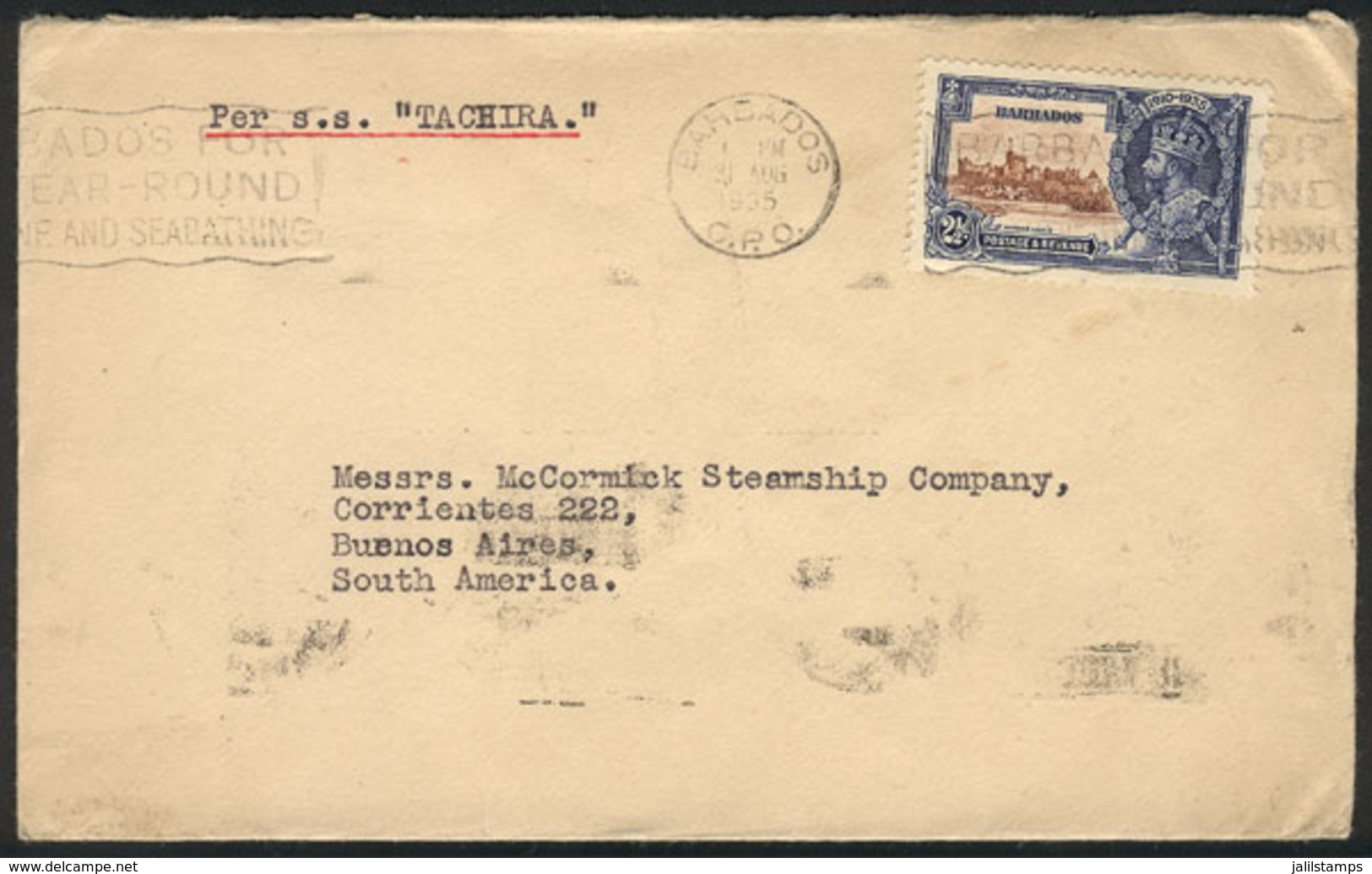 BARBADOS: Cover Sent To Buenos Aires On 31/AU/1935 Franked With 2½p. (Sc.188), VF Quality, Rare Destination! - Barbados (1966-...)