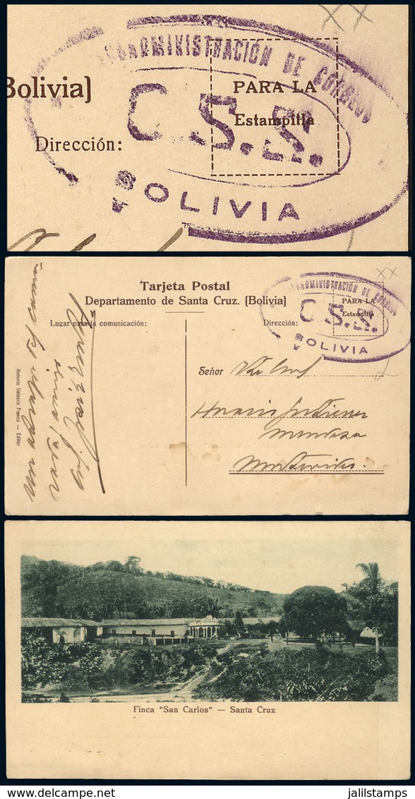 BOLIVIA: Postcard With View Of "Finca San Carlos, Santa Cruz", Sent STAMPLESS To Uruguay With An Interesting Oval Violet - Bolivia