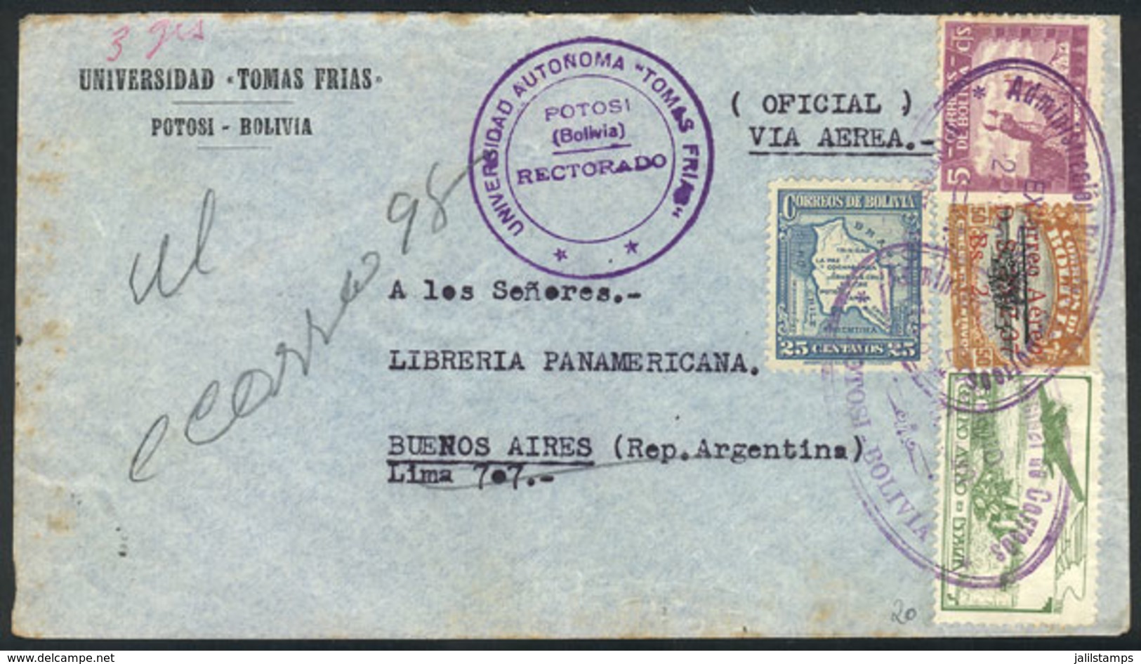 BOLIVIA: Airmail Cover Sent From Potosi To Buenos Aires On 22/DE/1940, Very Nice! - Bolivien