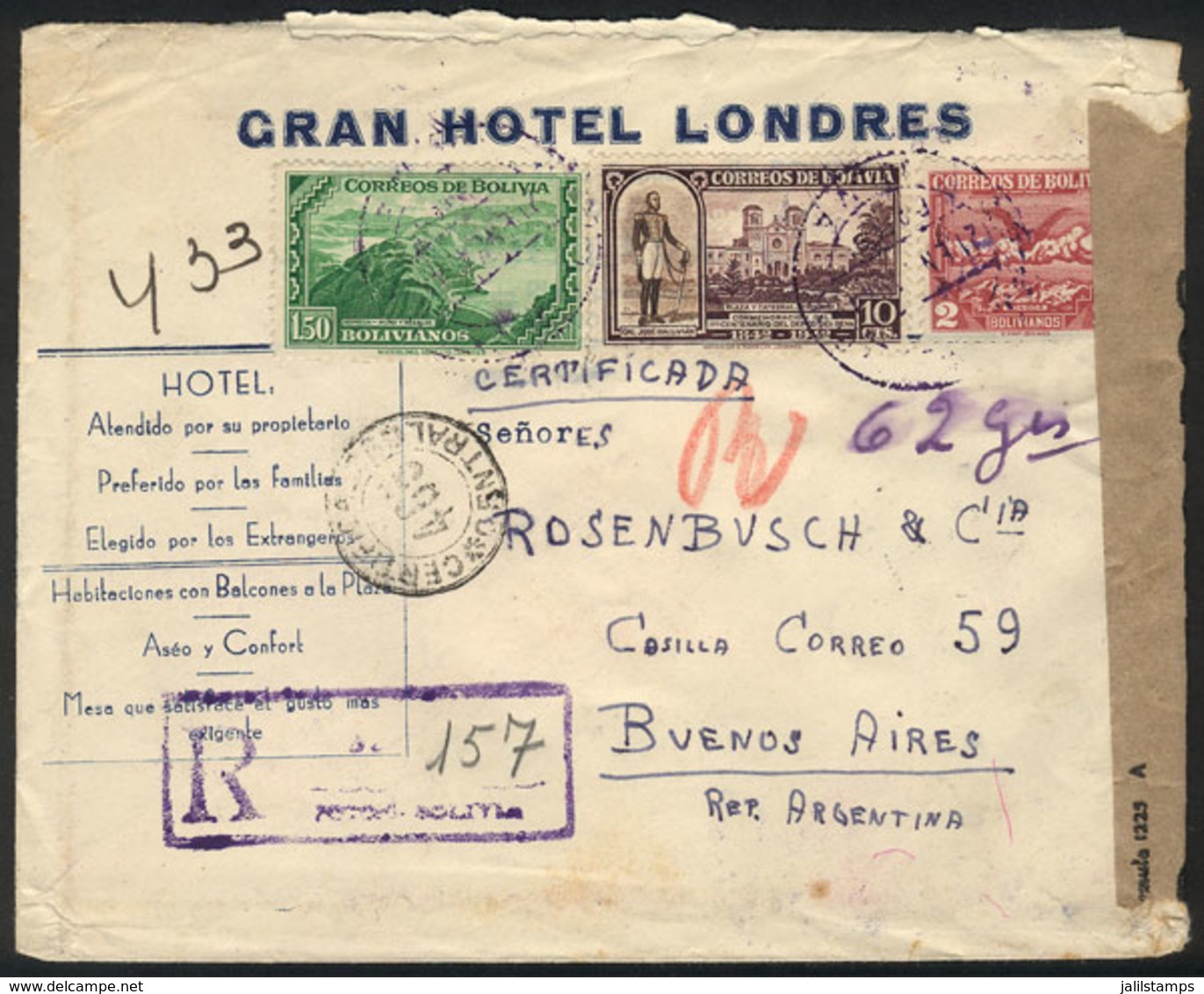 BOLIVIA: Cover With Corner Card Of "Gran Hotel Londres", Sent By Registered Mail From Sucre To Buenos Aires On 21/JA/194 - Bolivia