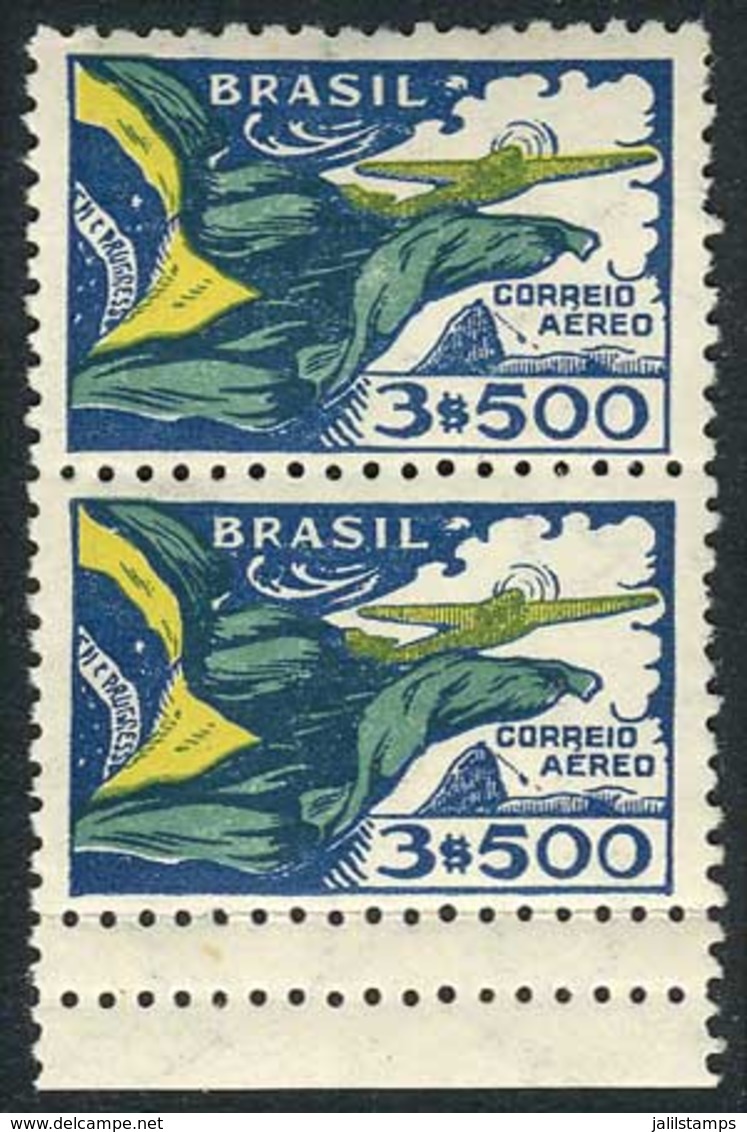 BRAZIL: Sc.C31, 1933 3500R. Airplane And Flag, Pair With Variety: DOUBLE PERFORATION At Bottom, VF Quality! - Airmail