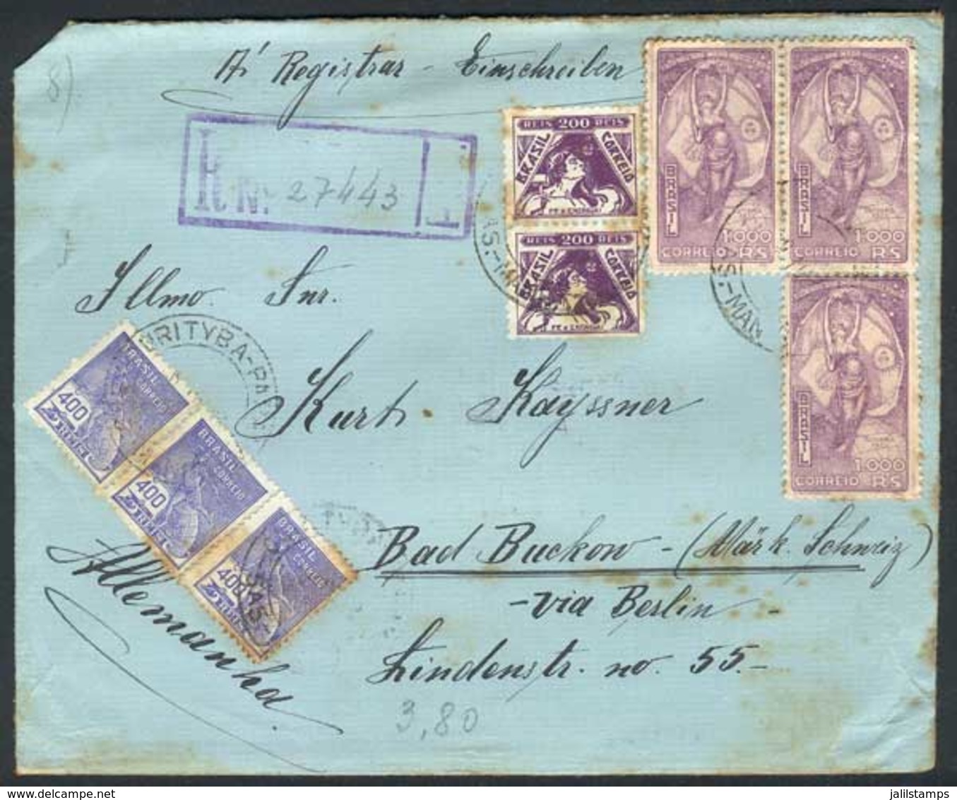 BRAZIL: Registered Cover Franked By Sc.383 X3 (1933 1000R. Visit Of Argentina President A.Justo) + Other Values, Sent Fr - Briefe U. Dokumente