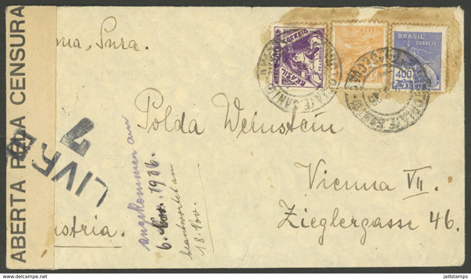 BRAZIL: Cover Sent From Vitoria To Germany On 13/OC/1936, Interesting CENSOR Mark, VF - Covers & Documents