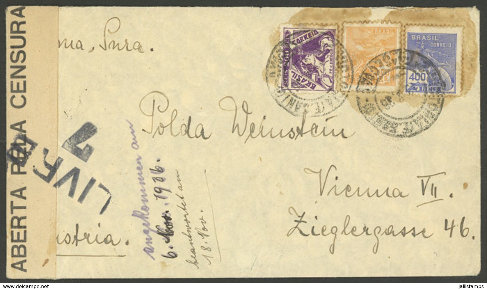 BRAZIL: Cover Sent From Vitoria To Germany On 13/OC/1936, Interesting CENSOR Mark, VF - Cartas & Documentos