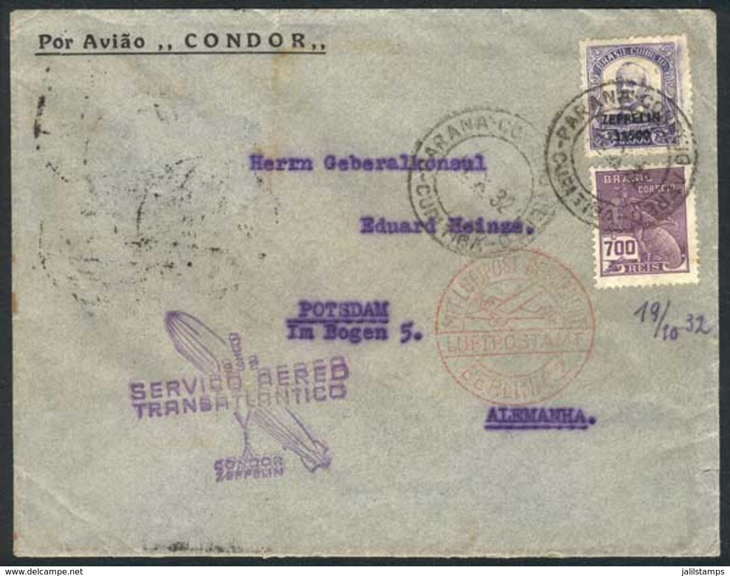 BRAZIL: Cover Franked By Sc.C29 + Another Value (3500R. Zeppelin 1932), Sent From Curitiba To Germany On 10/OC/1932 By Z - Briefe U. Dokumente