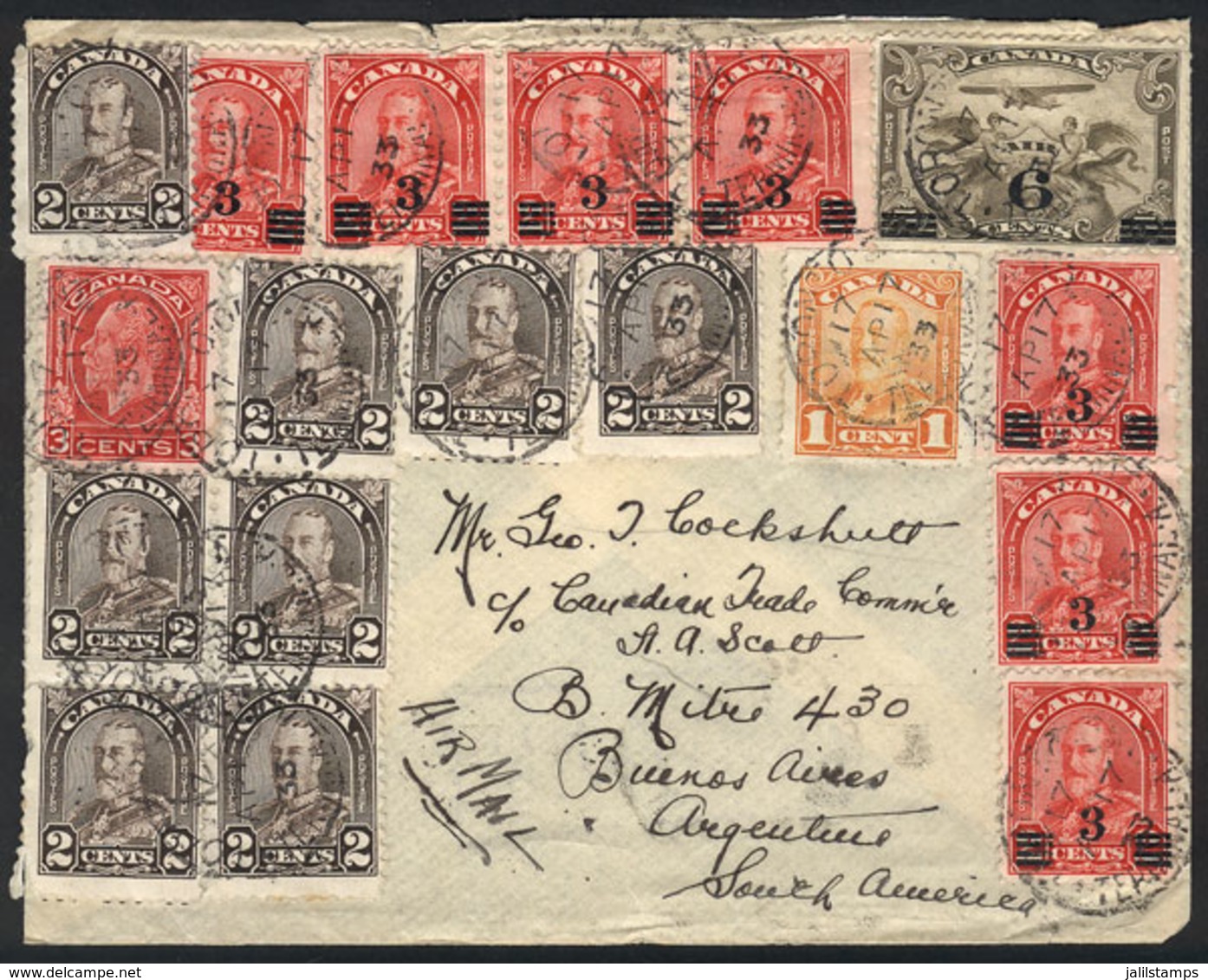 CANADA: Airmail Cover Sent From Toronto To Bueno Aires On 17/AP/1933, Spectacular Postage, Very Nice! - Storia Postale