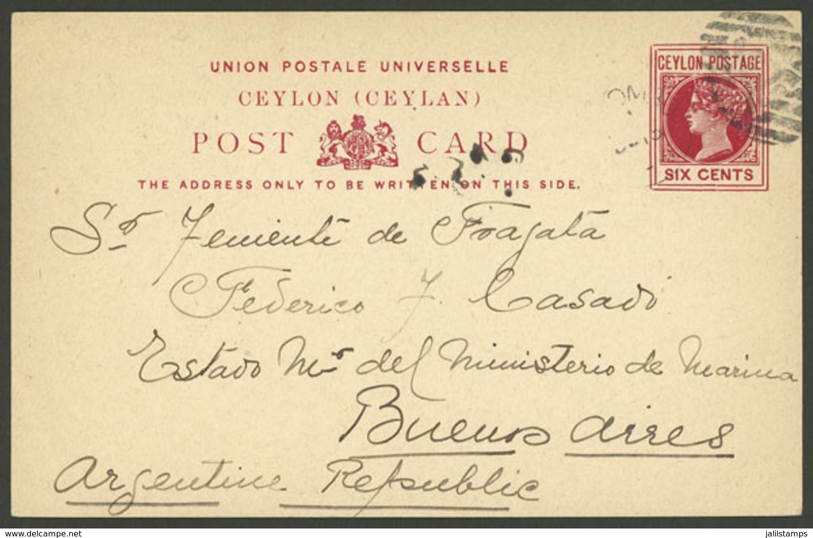 CEYLON: 6c. Postal Card Sent From Colombo To ARGENTINA On 15/DE/1899, VF Quality, Rare Destination! - Ceylan (...-1947)