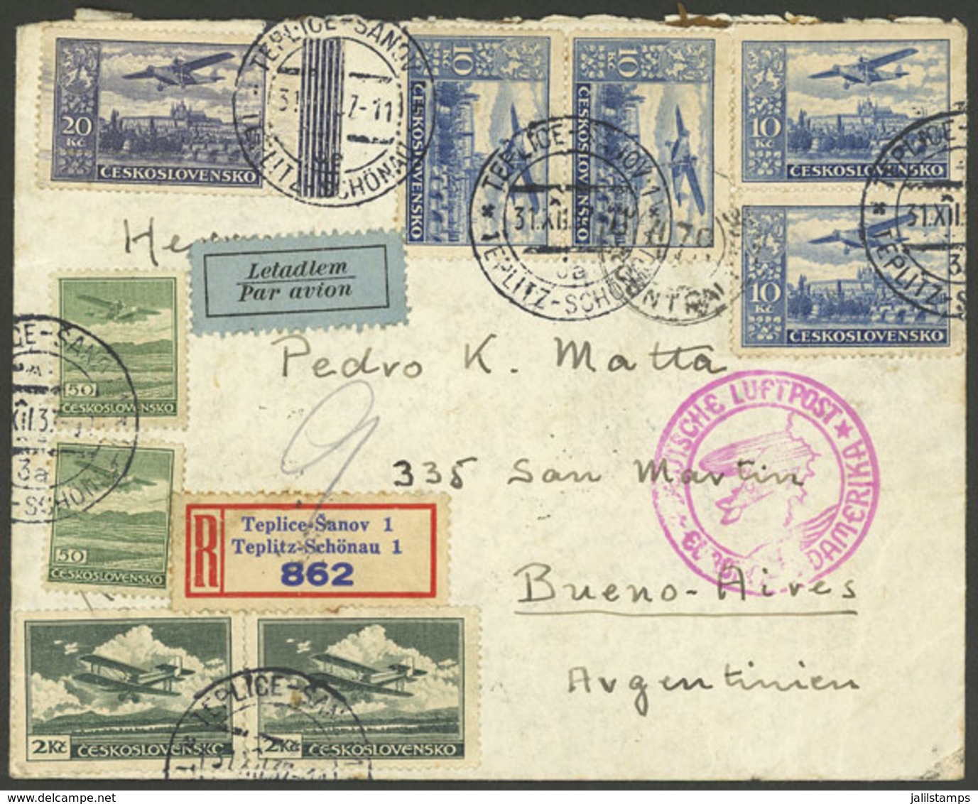 CZECHOSLOVAKIA: 31/DE/1937 Teplice-Sanov - Argentina, Registered Airmail Cover (by Germany DLH, Rose Handstamp) With Spe - Other & Unclassified