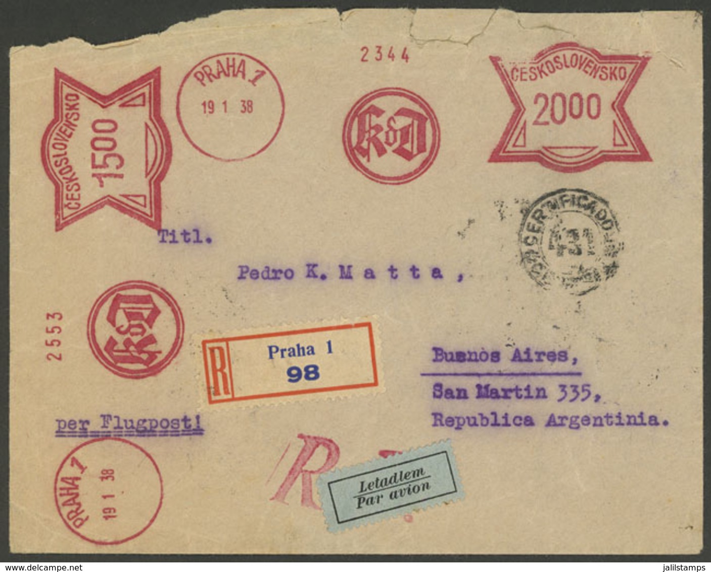 CZECHOSLOVAKIA: Registered Airmail Cover Sent From Praha To Argentina On 19/JA/1938 With Meter Postage, And Arrival Back - Altri & Non Classificati