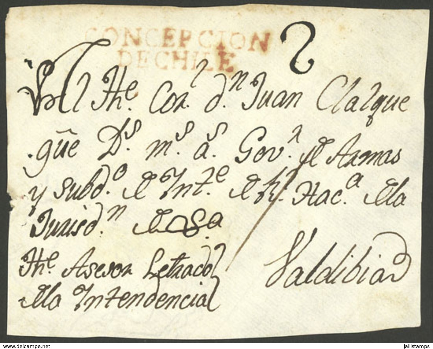 CHILE: Circa 1800: Front Of Folded Cover Sent To Valdivia, With 2-line Mark "CONCEPCION DE CHILE", Excellent Quality!" - Chile