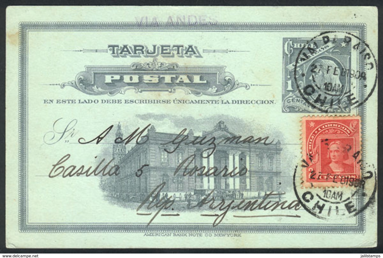 CHILE: 1c. Postal Card Uprated With 2c. Columbus, Sent From Valparaiso To Rosario On 27/FE/1909, VF Quality! - Chile