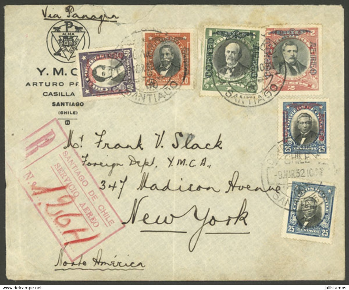 CHILE: 9/MAR/1932 Santiago - New York, Registered Airmail Cover With Multicolor Postage (6 Different Stamps), Very Nice! - Cile