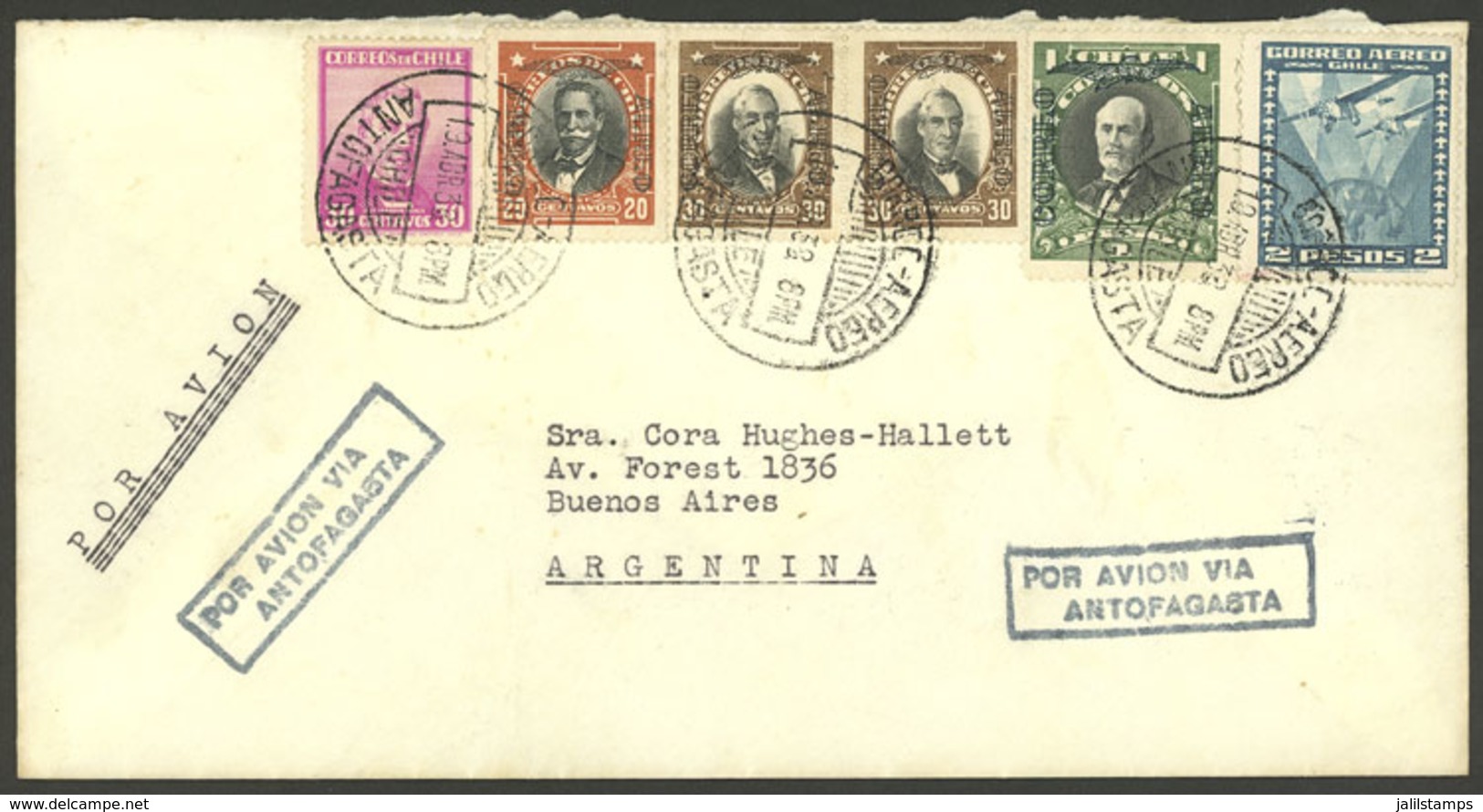 CHILE: 19/AP/1938 Potrerillos - Buenos Aires, Via Antofagasta, Airmail Cover With Attractive Postage Of 4.10P. Combining - Cile