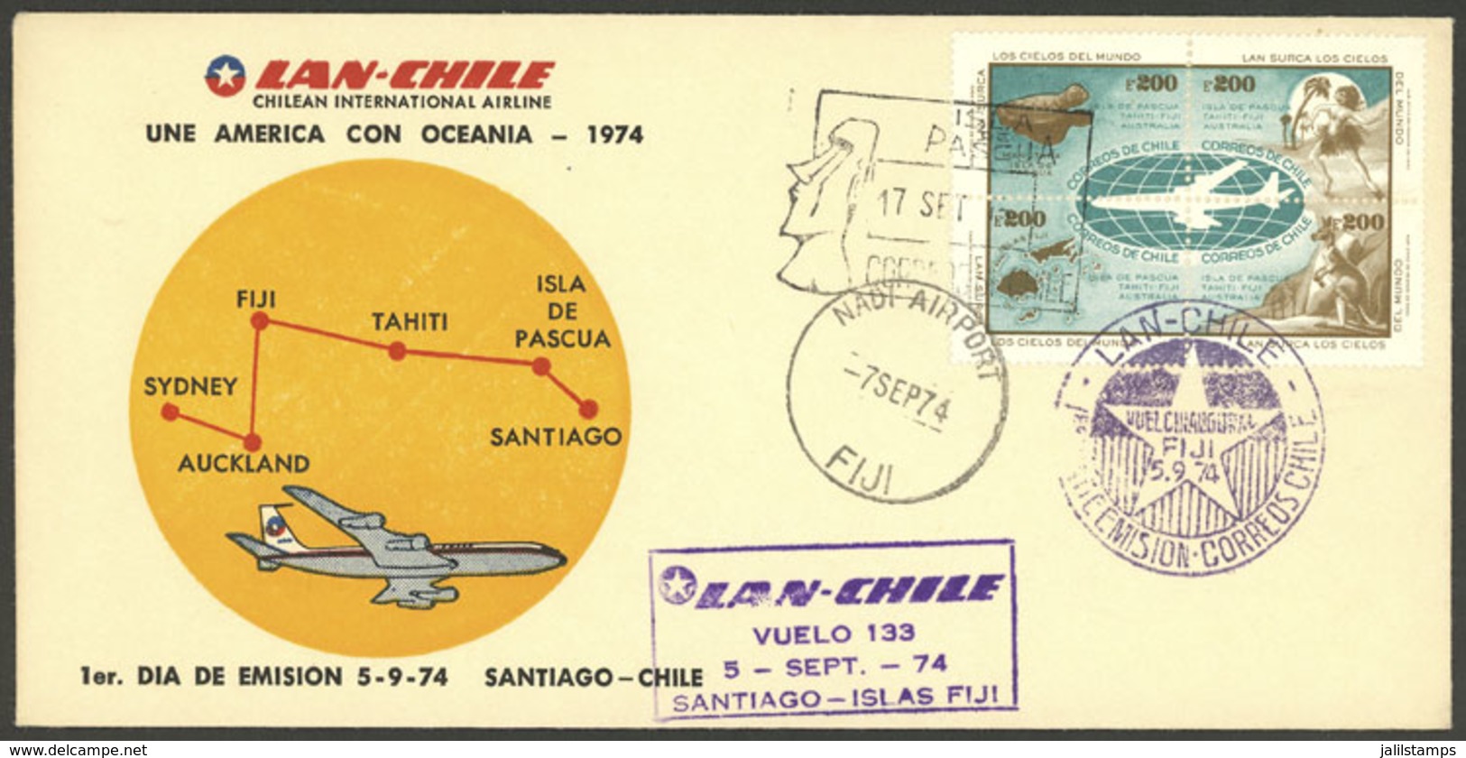 CHILE: 7/SE/1974 FIJI - PASCUA - SANTIAGO, First Flight (return) Of Lan-Chile, VF Quality! - Chili