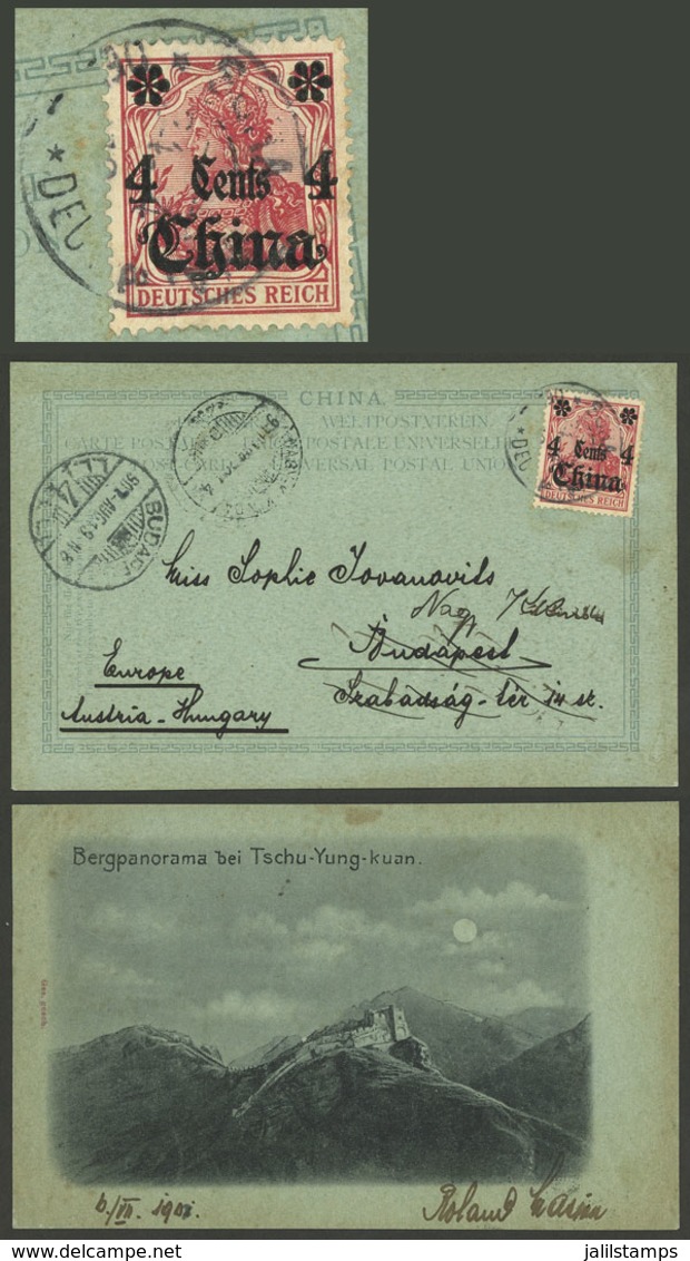 CHINA - GERMAN OFFICES: Postcard With View Of "Mountains Near Tschu-Yung-Kuan", Franked With 4c. And Sent To Hungary On  - Collections, Lots & Series