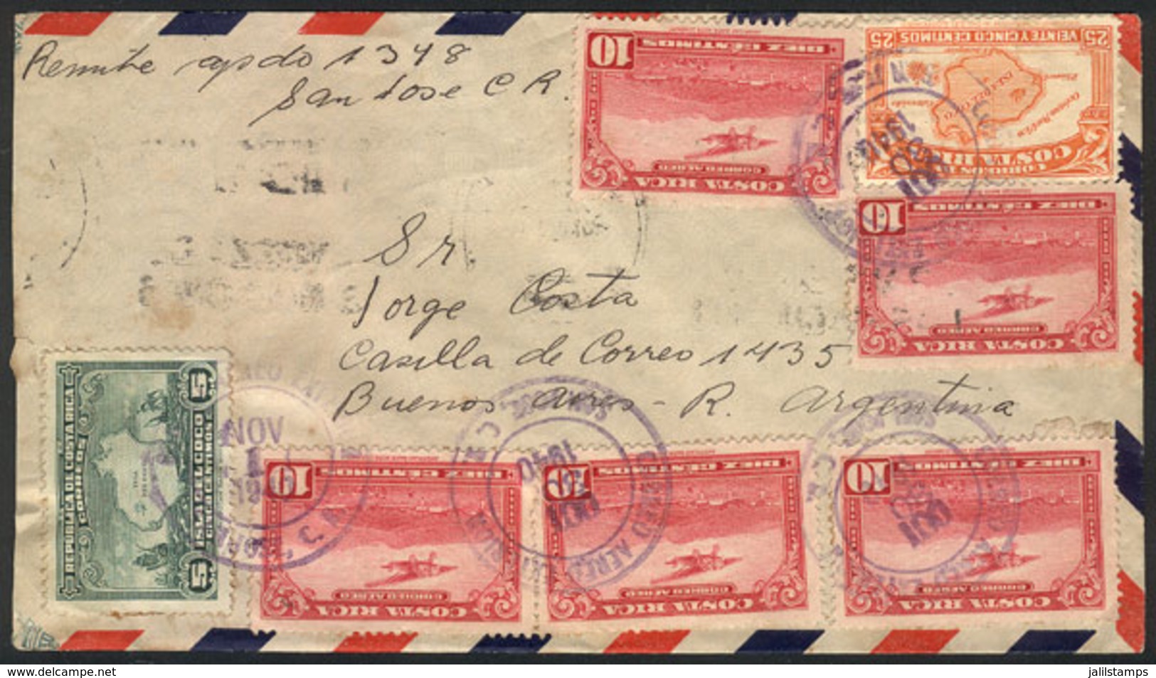 COSTA RICA: Airmail Cover Sent From San José To Buenos Aires On 30/OC/1940 With Nice Postage Of 80c., VF Quality! - Costa Rica