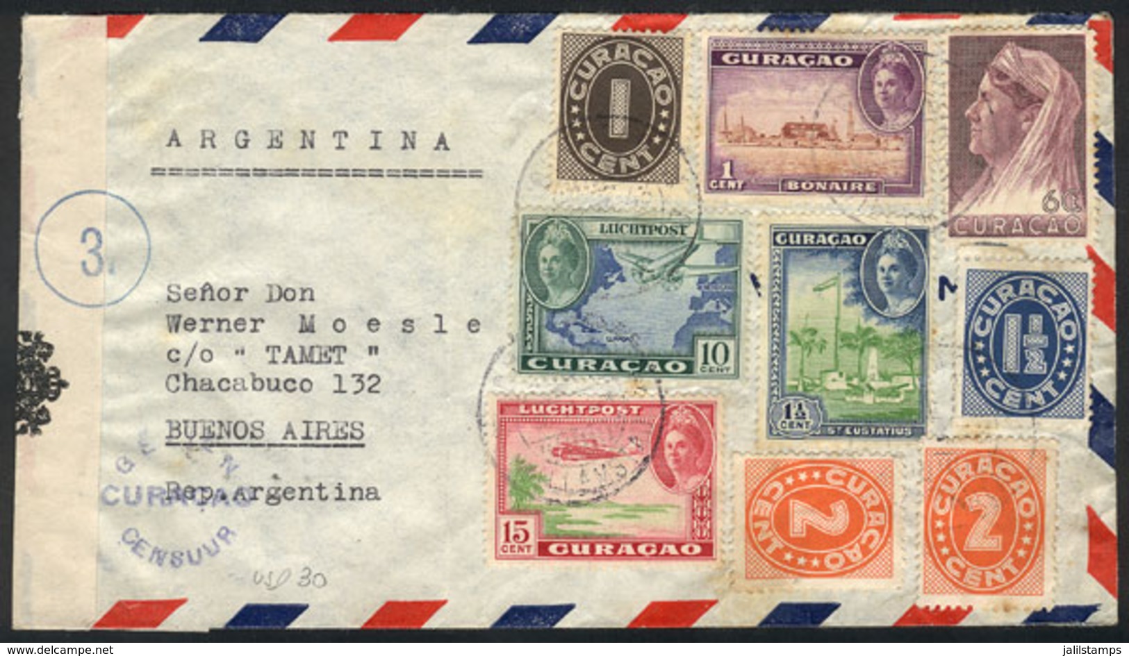 CURACAO: Airmail Cover Sent To Buenos Aires On 9/AP/1943 With Nice Multicolored Postage Of 40c. (9 Stamps) And Censored, - Curacao, Netherlands Antilles, Aruba