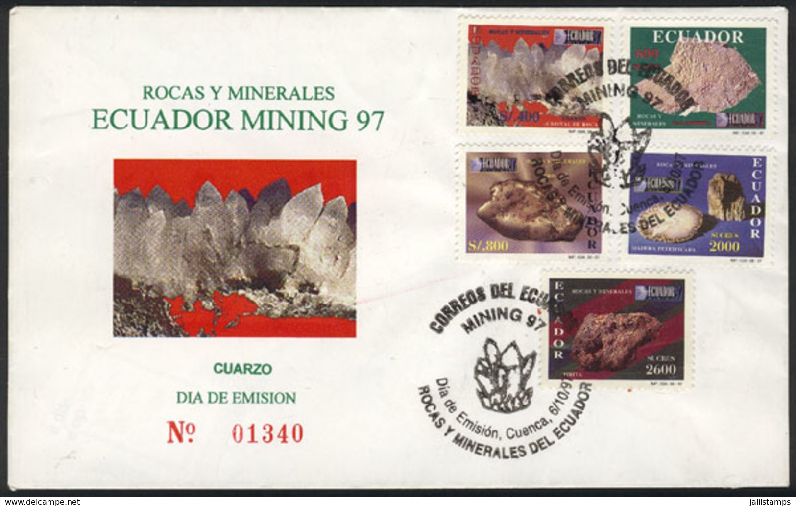 ECUADOR: Yvert 1394/9, 1997 Rocks And Minerals, Cpl. Set Of 5 Values On A Beautiful FDC Cover, VF Quality! - Ecuador
