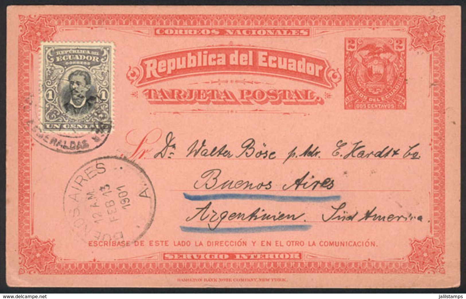 ECUADOR: 2c. Postal Card Uprated With 1c., Sent From ESMERALDAS To Buenos Aires On 17/JA/1901, Excellent Quality! - Ecuador