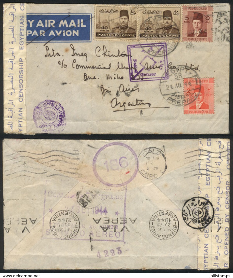 EGYPT: Airmail Cover Sent To Argentina On 24/AU/1944, With Violet Transit Backstamp Of Brazil, Censor Marks, VF Quality! - Otros & Sin Clasificación