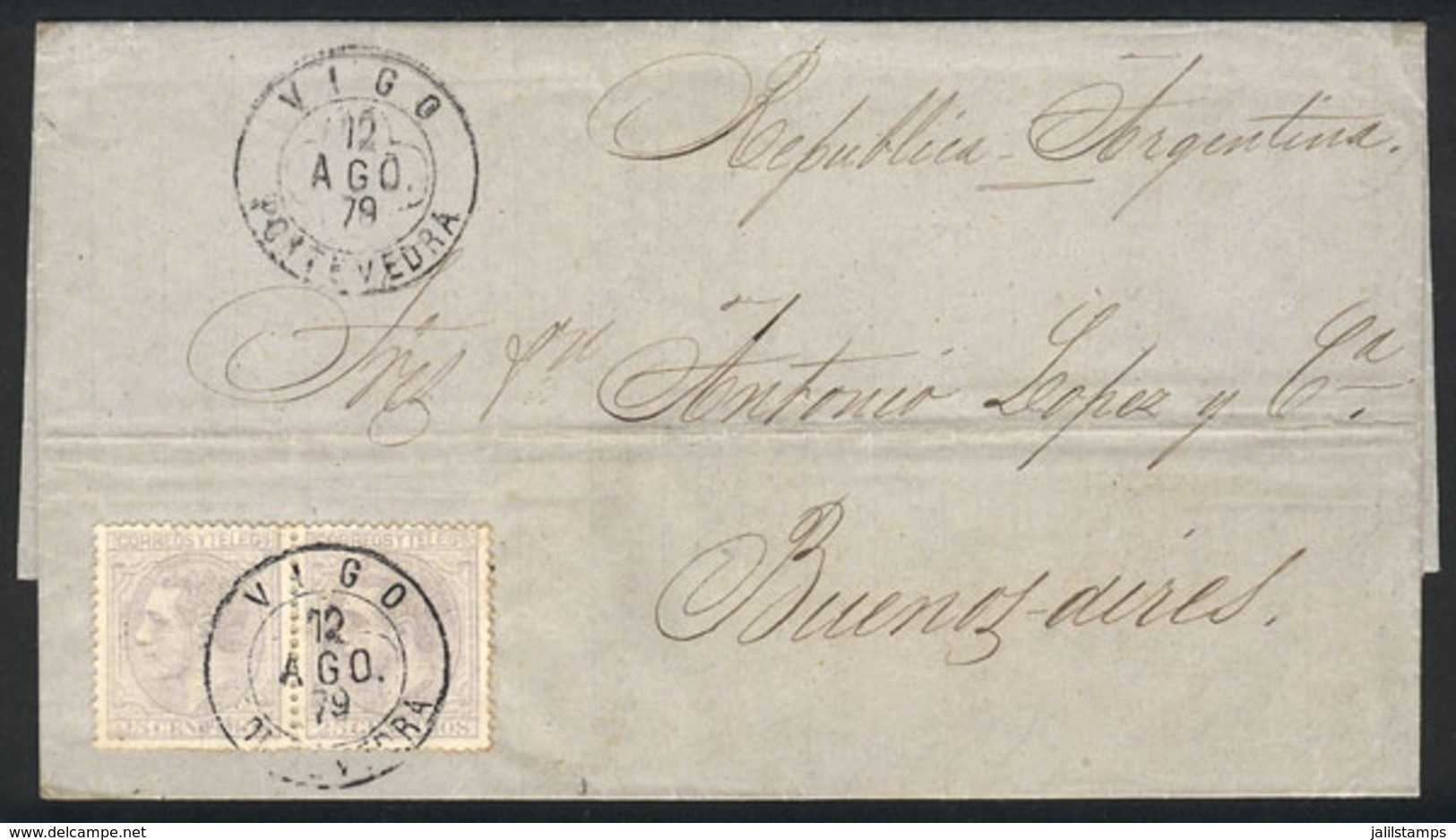 SPAIN: Entire Letter Sent From Vigo To Buenos Aires On 12/AU/1879 Franked With Pair Sc.246 (50c.), VF Quality! - ...-1850 Prefilatelia