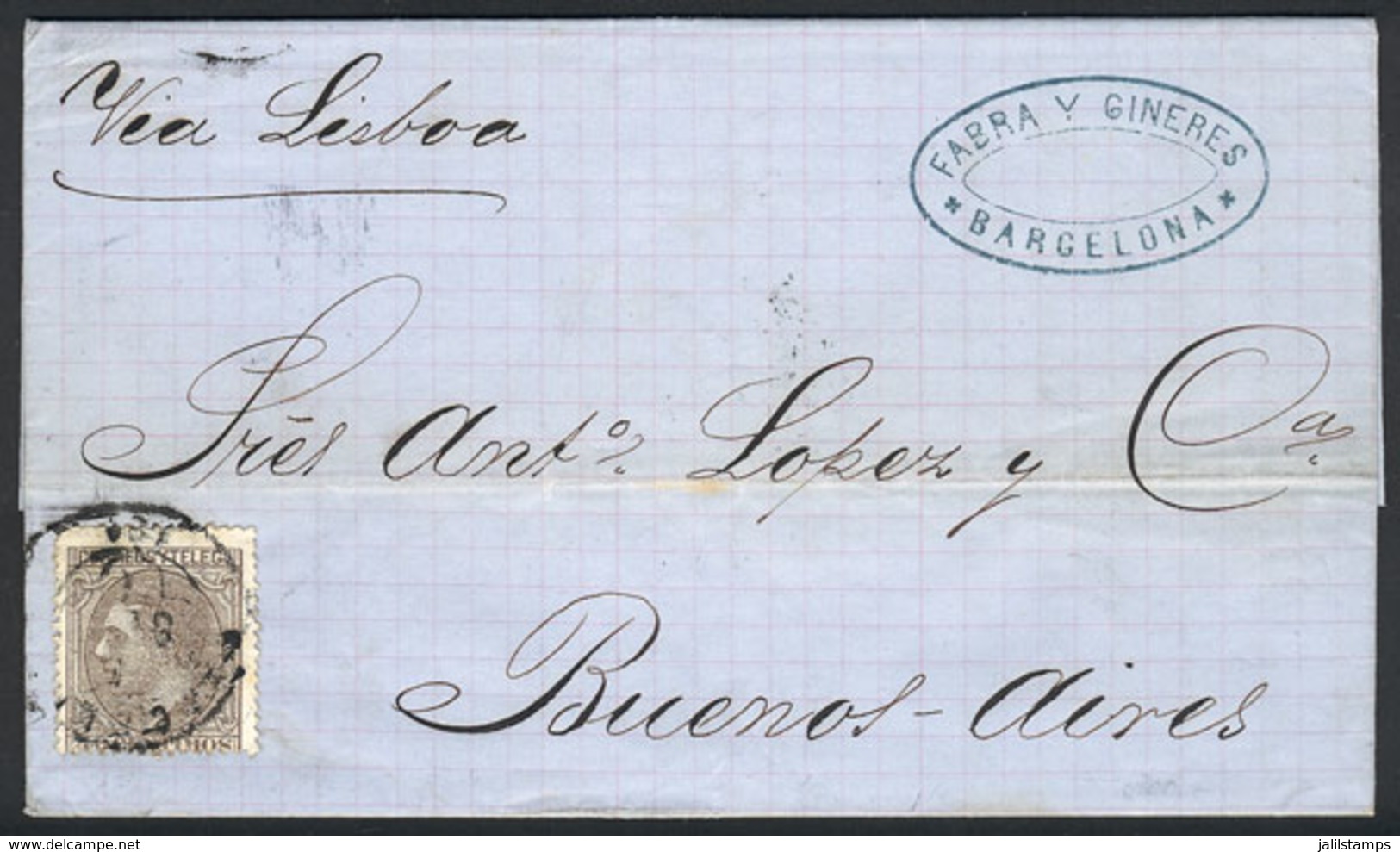 SPAIN: Entire Letter Sent From Barcelona To Buenos Aires On 7/SE/1880 Franked With 40c. (Sc.247), VF Quality! - ...-1850 Prefilatelia