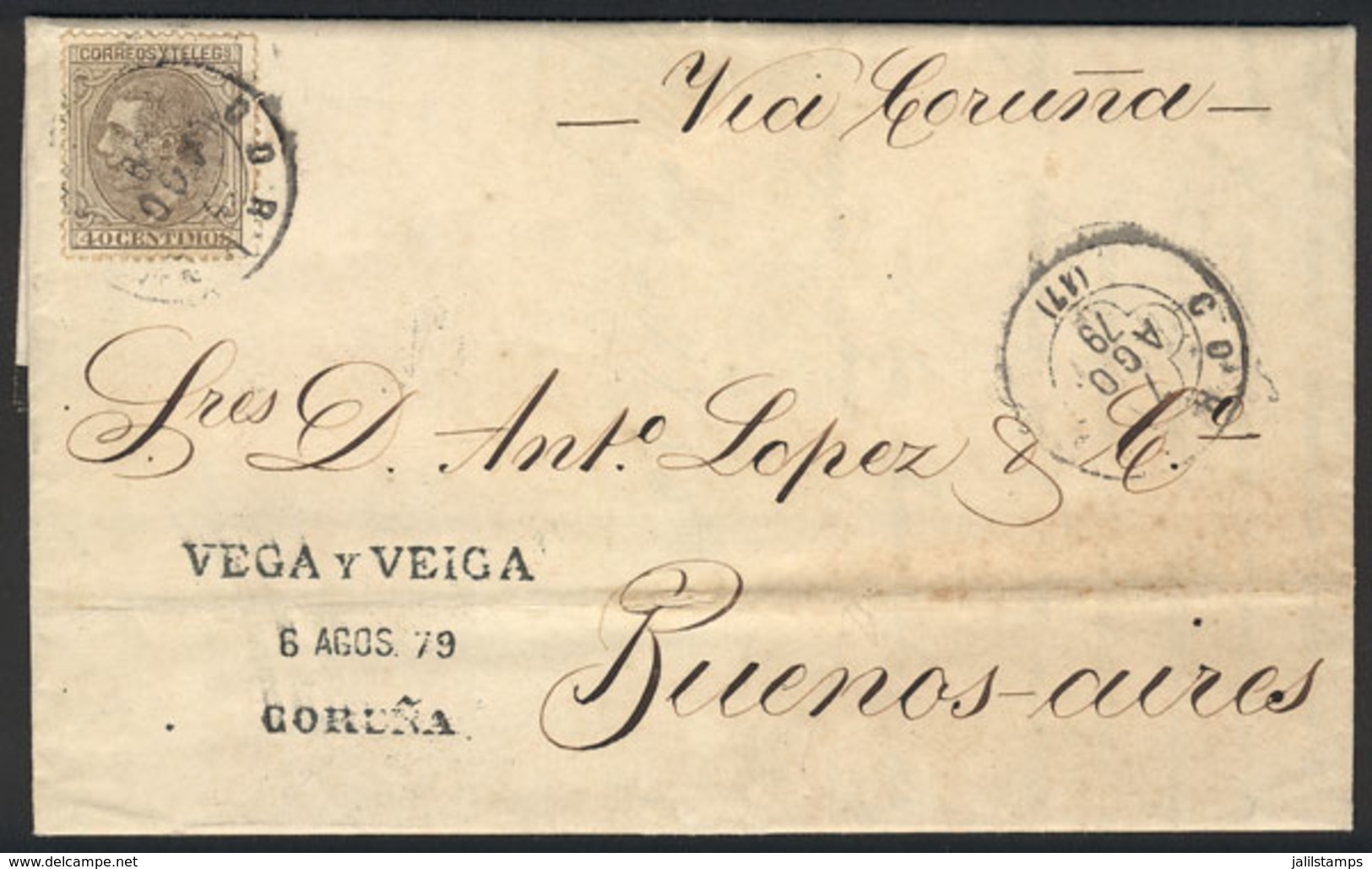 SPAIN: Entire Letter Sent From Coruña To Buenos Aires On 6/AU/1879 Franked With 40c. (Sc.247), VF Quality! - ...-1850 Prephilately