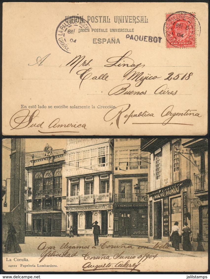 SPAIN: Postcard With Rare View Of La Coruña, "Papelería Lombardero", Franked With British Stamp Of 1p. And Posted At Sea - ...-1850 Prephilately