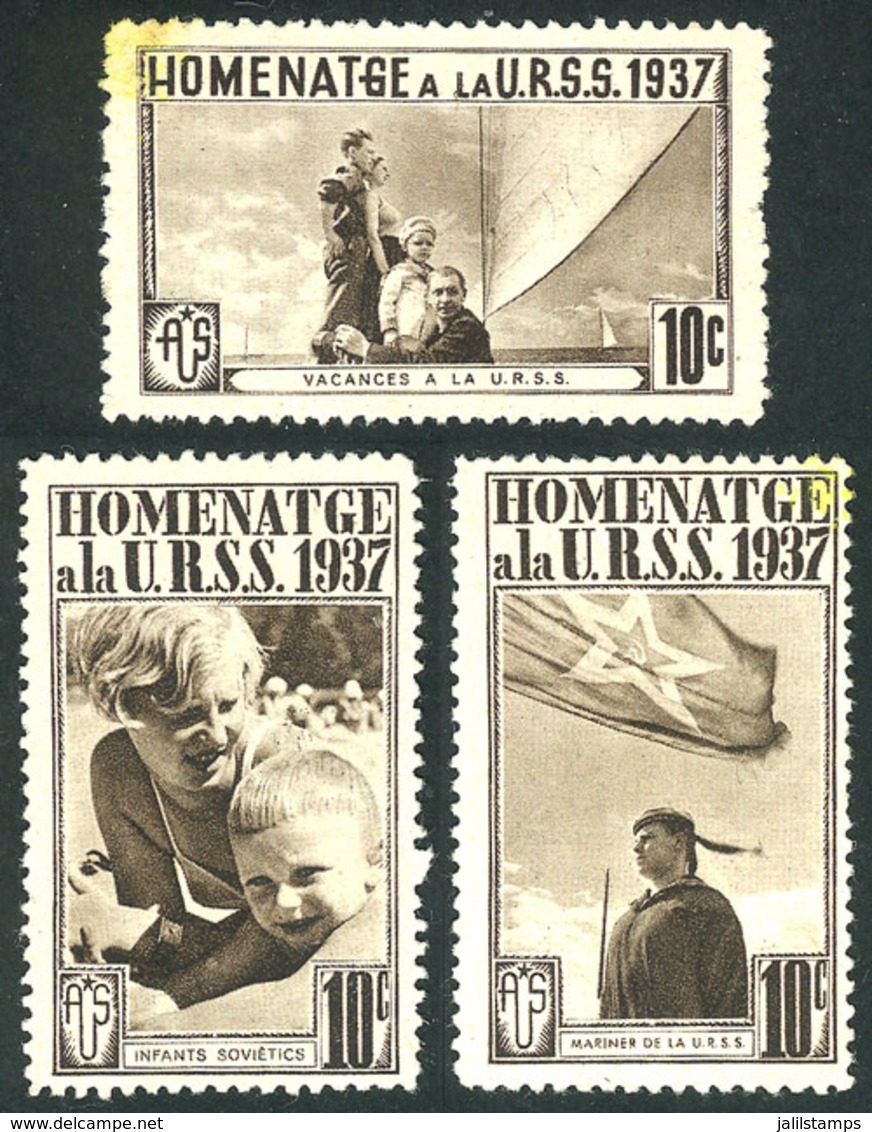 SPAIN: 3 Cinderellas Of 1937 Commemorating The USSR, Mint No Gum, One Of VF Quality, 2 With Light Stains In The Corners, - Altri & Non Classificati