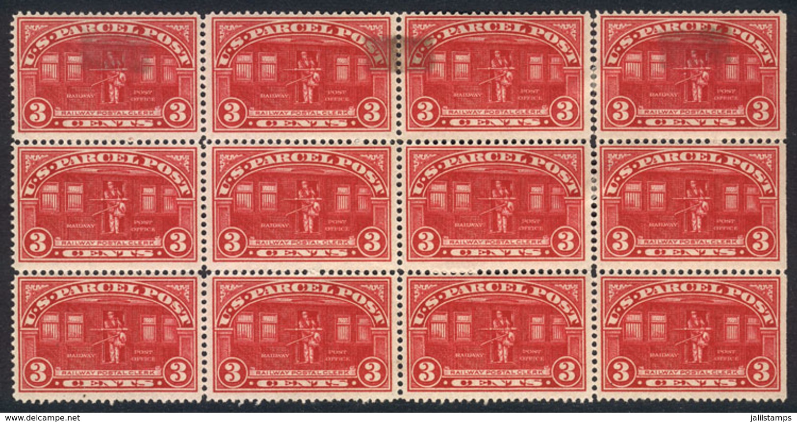 UNITED STATES: Sc.Q3, 1913 3c. Railway Postal Clerk, Beautiful BLOCK OF 12, The 4 Top Stamps With Hinge Mark Stains, The - Paketmarken
