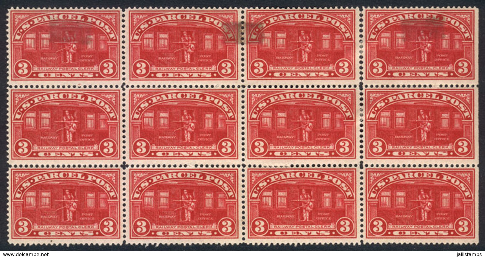 UNITED STATES: Sc.Q3, 1913 3c. Railway Postal Clerk, Beautiful BLOCK OF 12, The 4 Top Stamps With Hinge Mark Stains, The - Pacchi