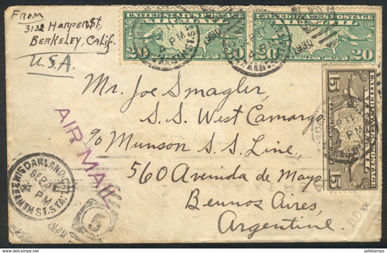UNITED STATES: Airmail Cover Sent From Berkeley To Buenos Aires On 11/SE/1930 Franked With 55c., VF Quality! - Sonstige & Ohne Zuordnung