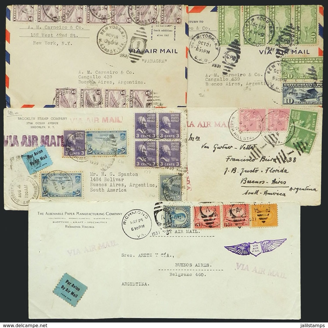 UNITED STATES: 5 Airmail Covers Sent To Argentina Between 1931 And 1945, With Very Interesting Postages, VF Quality! - Altri & Non Classificati