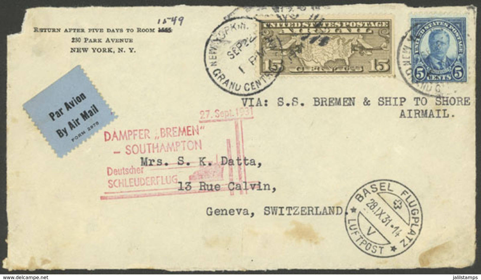 UNITED STATES: 22/SE/1931 New York - Switzerland, Cover Front Carried On Airplane Catapulted From Ship Bremen, With Spec - Other & Unclassified