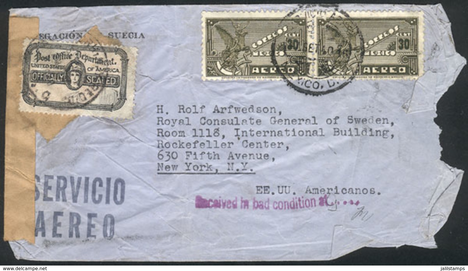 UNITED STATES: Airmail Cover Sent From Mexico To New York On 30/SE/1940, With Violet Mark "Received In Bad Condition..." - Altri & Non Classificati