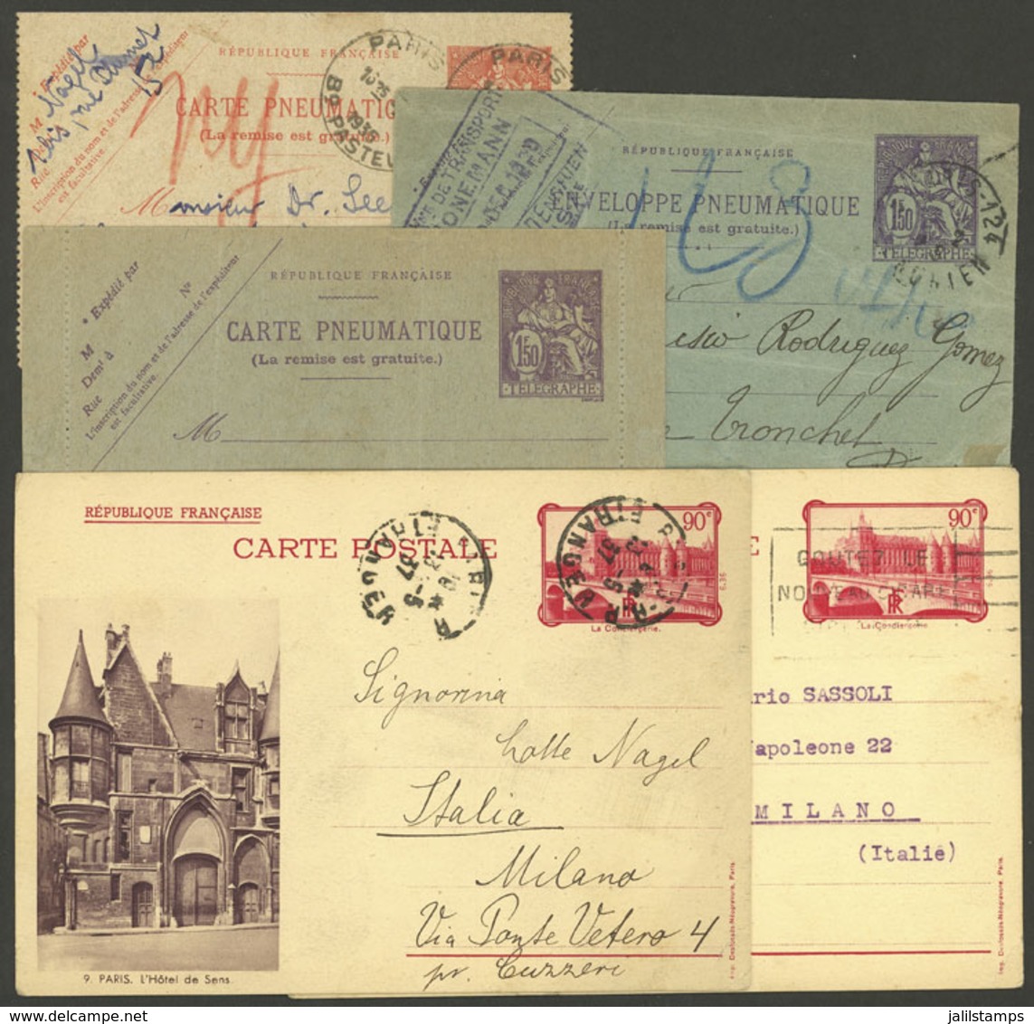 FRANCE: 5 Varied Postal Stationeries, 4 Used Between 1935 And 1937, Including 2 Attractive Illustrated Cards, Sent To It - Sonstige & Ohne Zuordnung